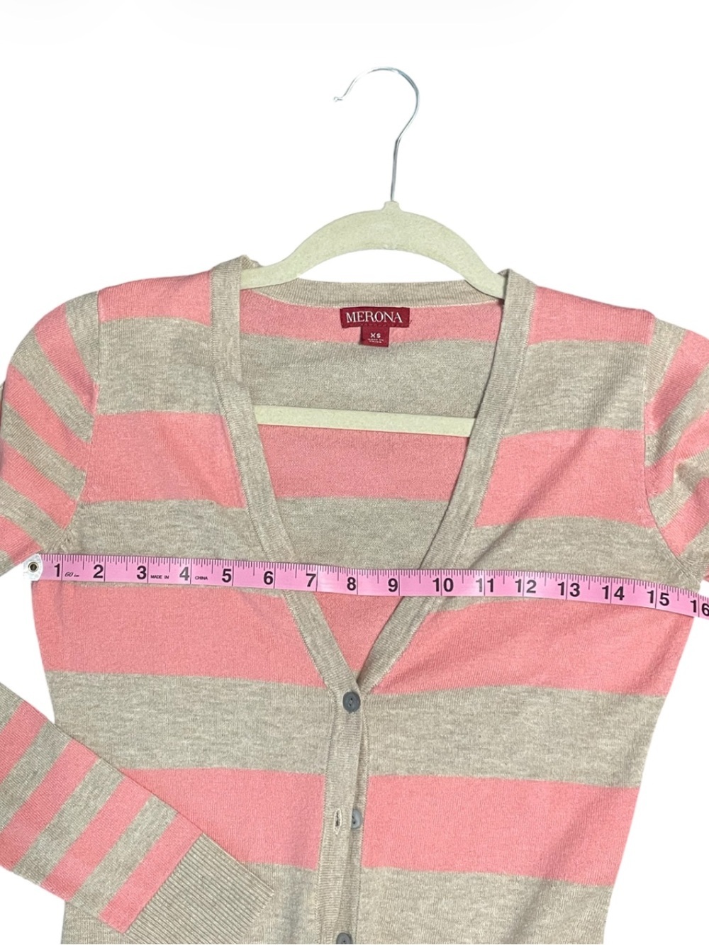 Merona Pink and Gray/Beige Striped V-Neck Button Cardigan - Picture 9 of 12